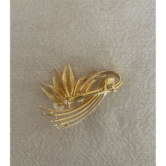 Vintage Gold-Tone Carved Rose Floral Brooch White Accents - Picture 3 of 4